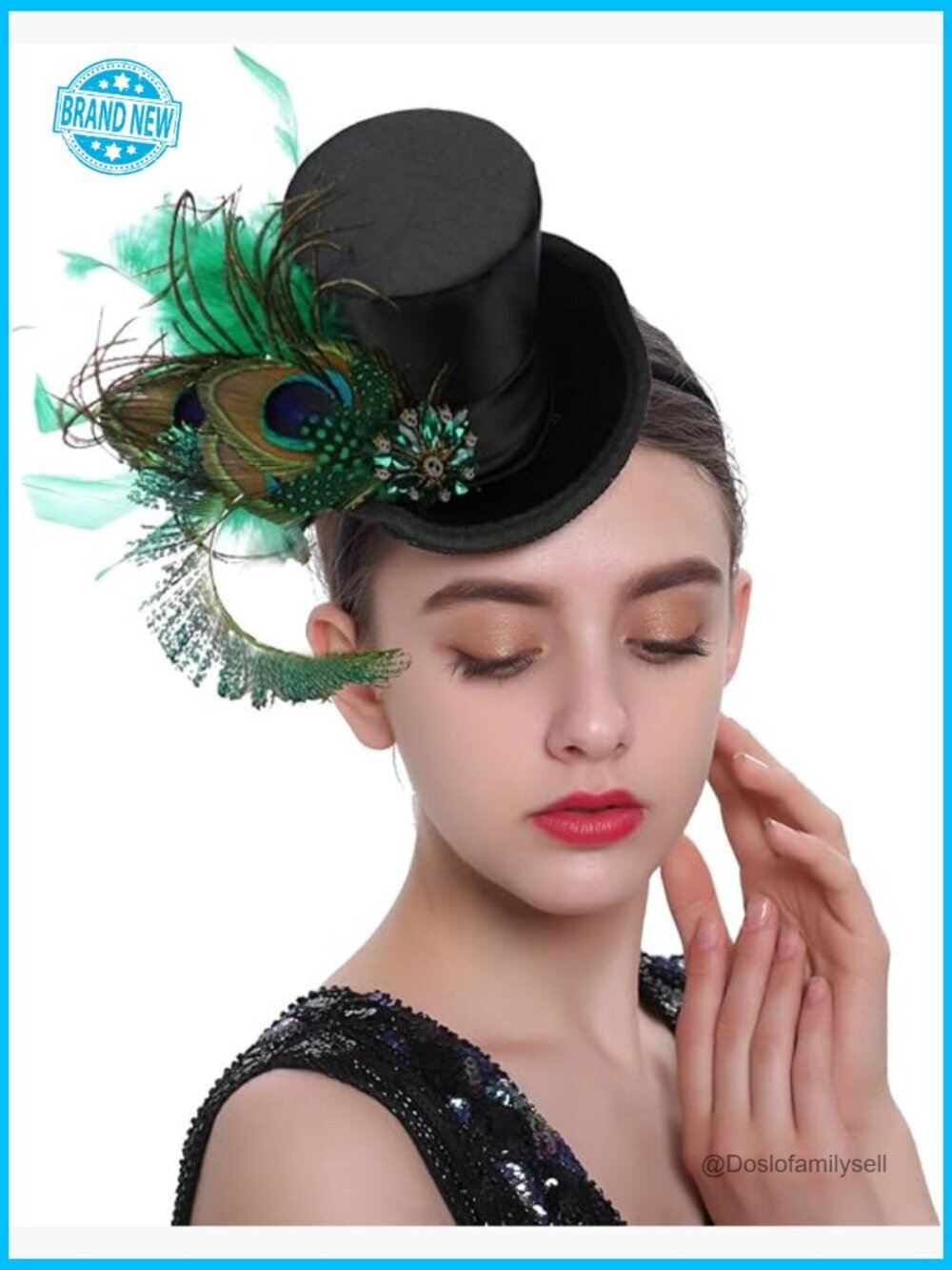 Mini Top Hat with Feather Rhinestone Satin Headband Derby Party Costume